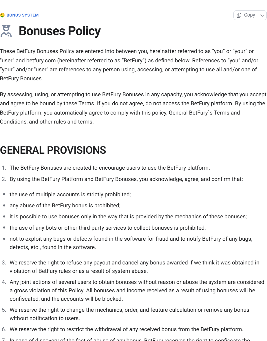 BetFury bonus policy sayfasının ekran görüntüsü