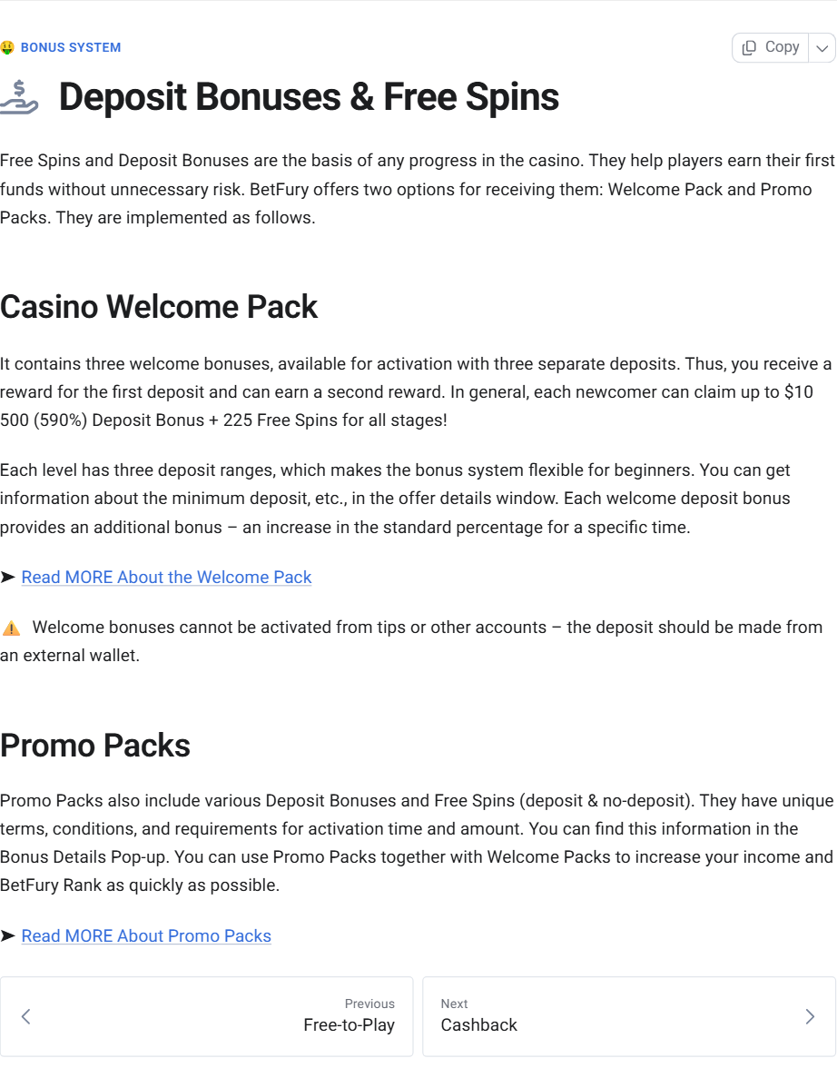 BetFury deposit bonuses and free spins sayfasının ekran görüntüsü