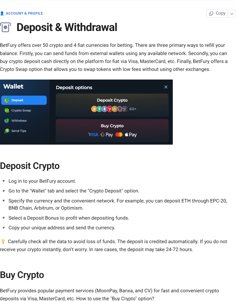 BetFury deposit and withdrawal sayfasının ekran görüntüsü